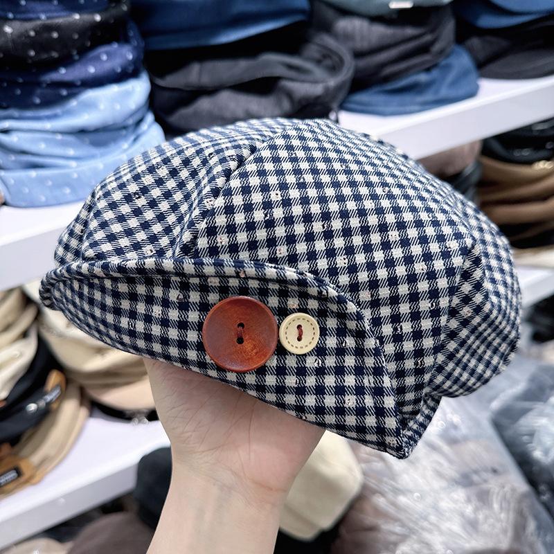 Осень новая нишевая клетчатая беретка с пуговицей женское лицо маленькая облачная шляпа художника модная с высоким чувством