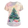 Women's Cute Printed Work Clothes V-neck Double Layer Pockets Basic Short Sleeve Top Pullover Christmas