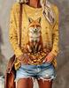 Women's Autumn Fox Top Mustard Yellow Leaves Print Long Sleeve Round Neck T Shirt