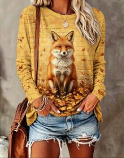 Women's Autumn Fox Top Mustard Yellow Leaves Print Long Sleeve Round Neck T Shirt