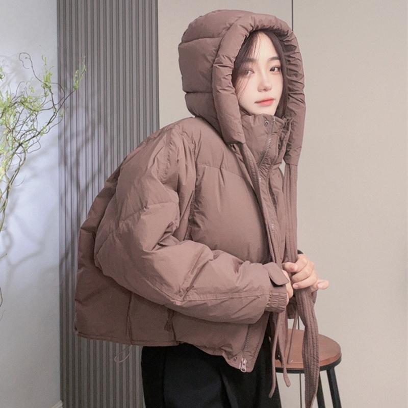 Короткая куртка-пуховик женская толстая белая утиная пуховая куртка с капюшоном однотонная