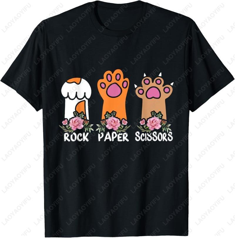 Rock Paper Scissors Hand Game Meme Animal Paw Flower Cat Men Women Cotton TShirt Trend Cute Meowy Oneck Printed Unisex Tops