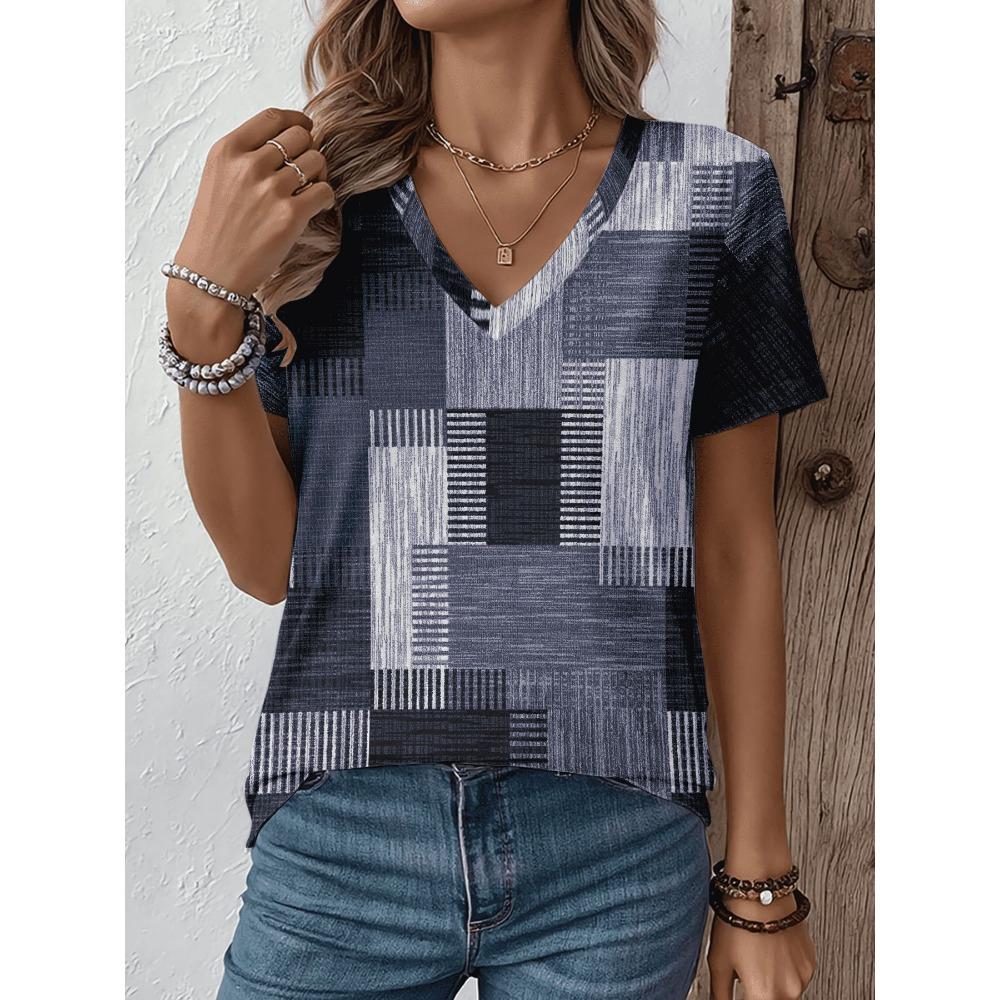 Women's V-neck short sleeved T-shirt cartoon cat print T-shirt