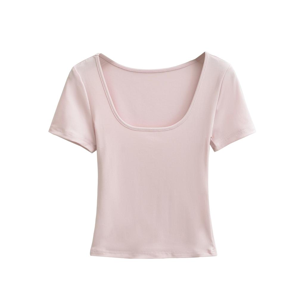 U-neck short-sleeved T-shirt women's summer new American Spice Girl style solid color slim-fitting and thin bottoming top