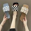 2024 New Summer Women's Slippers Fashion Woven Checkerboard Sandals Open Toe Women Sandals Square Toe Flat Casual Shoes Slippers