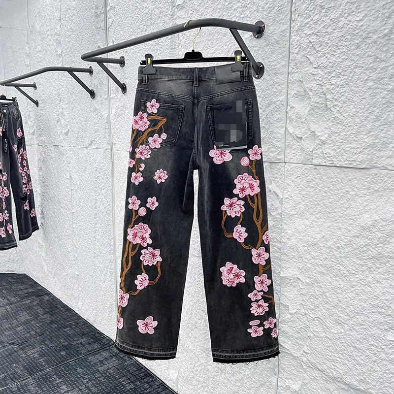 Streetwear Gothic Cherry Blossom Embroidered Jeans Y2K Clothing Men Women Hip Hop Vintage Baggy Jeans Low Rise Wide Leg Trousers