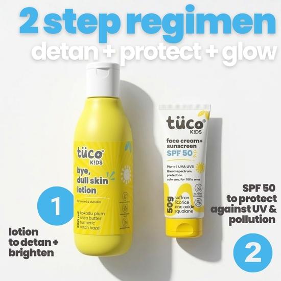 Tuco® Kids Bright Skin Kit | Крем для лица с шафраном (Солнцезащитный) (50г) & Ежедневный увлажняющий лосьон для тела (200мл) | Широкий спектр | Возраст 2-5, 5-10, 10-15 |
