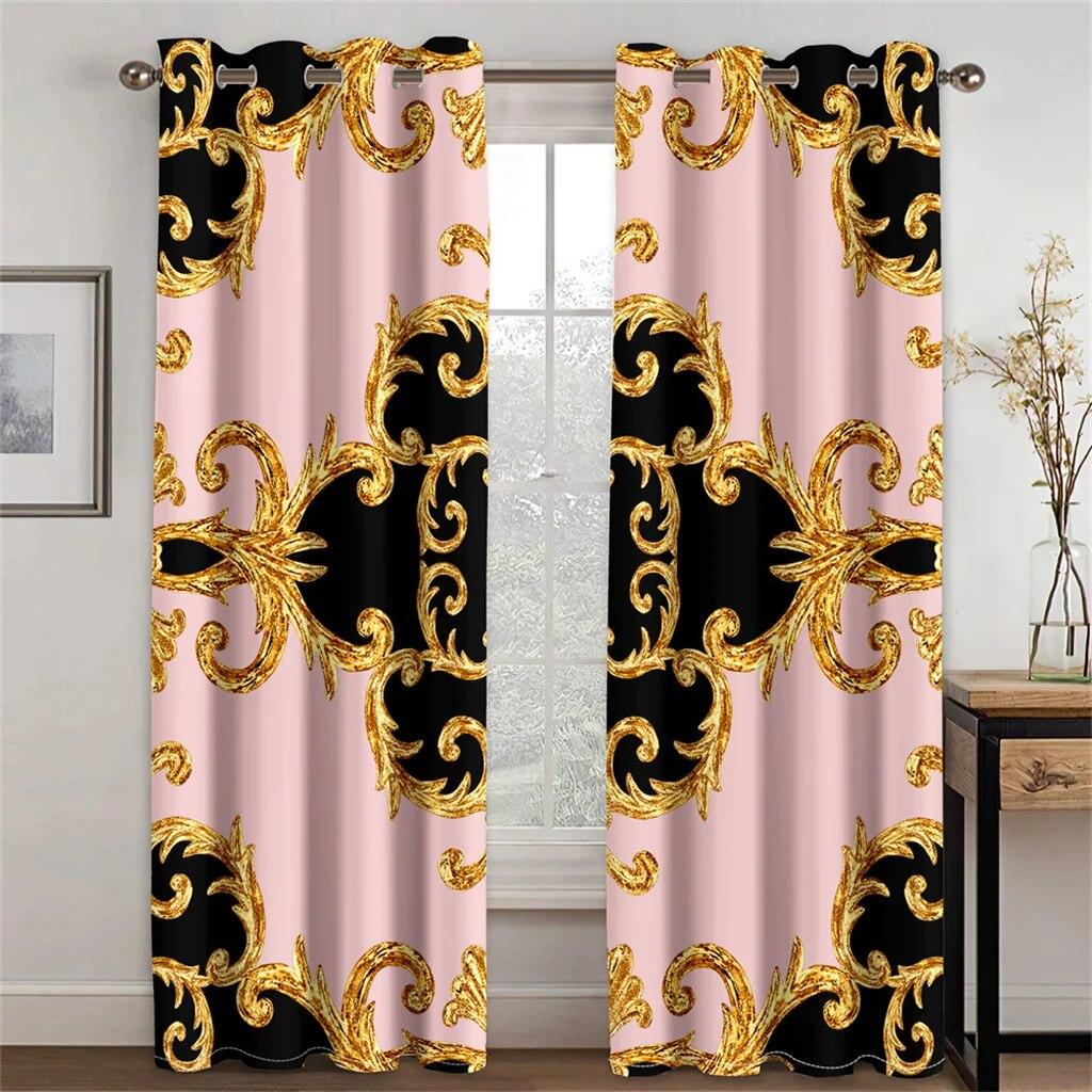 3D Modern Luxury Brand Design Baroque Black Gold 2 Pieces Thin Shading Window Curtain For Living Room Bedroom Decor Rod Pocket