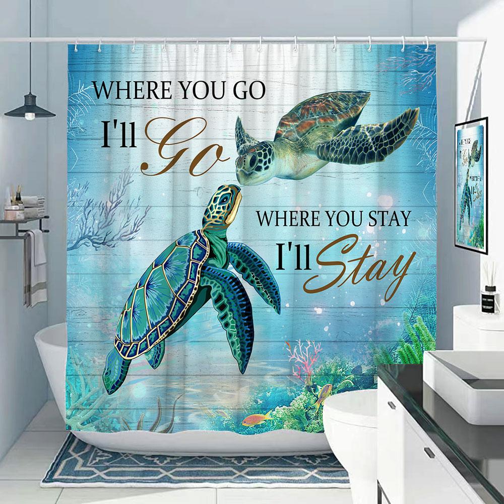 Octopus Bath Shower Curtain Nautical Ocean Sea Turtle Beach Coastal Navy Blue Fish Seashell Jellyfish Fabric Bath Curtains Bathroom Decor