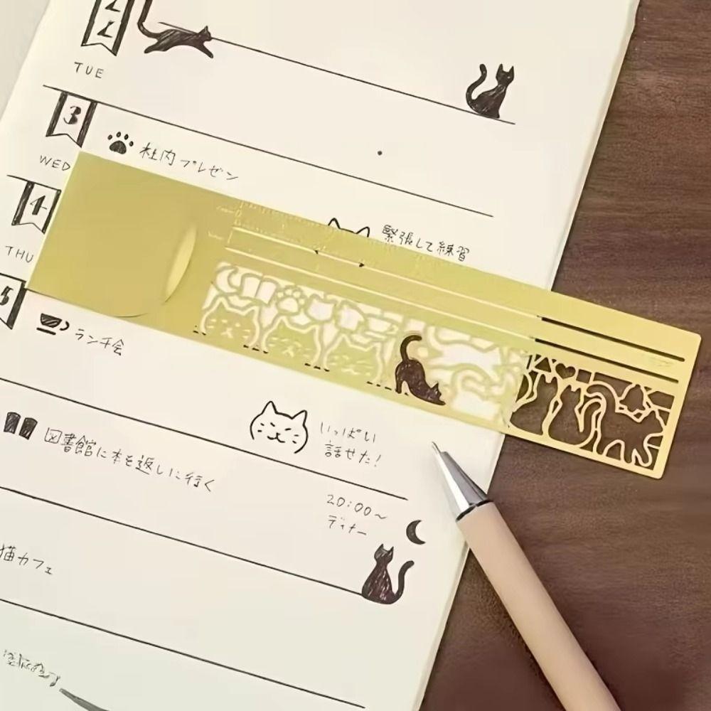 Double-Sided Cat Template Ruler Precision Metal Bookmark Cat Pattern Ruler Diary Hand Account