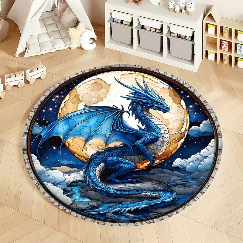 Majestic Blue Dragon Rug for Fantasy Rooms round carpet for home sofa bedroom, gift