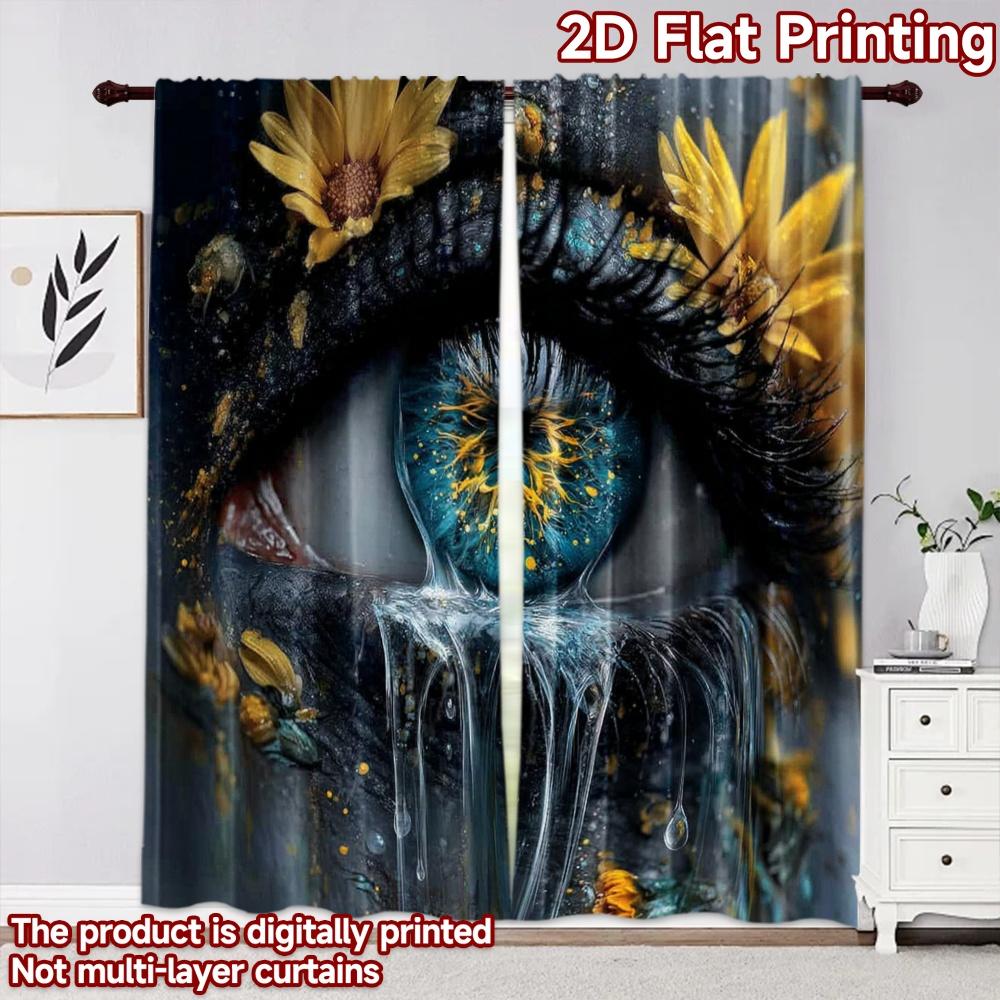 2D flat printing 2pcs Curtain Window Drapes Blue Eye with Flowers Digital Printed Polyester Drapes Family Party for Bedroom