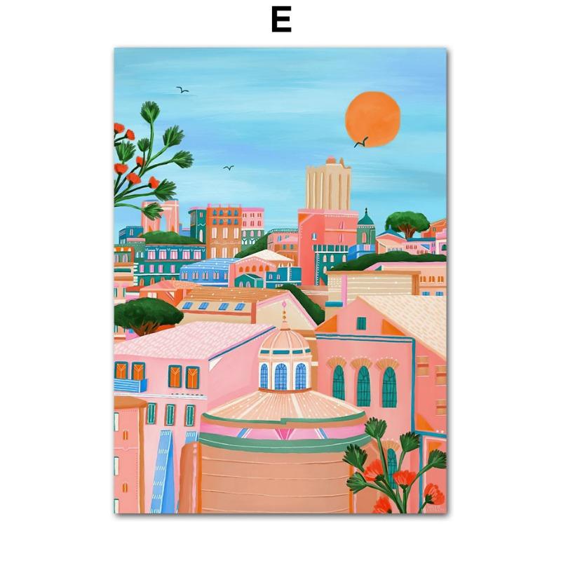 Красочный Город Здание Лимон Фрукты Абстрактный Пейзаж Постеры и Принты Настенное Искусство Холст Живопись Картины Для Декора Гостиной