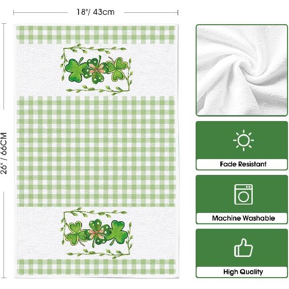 Artoid Mode Buffalo Plaid Clover Shamrock St. Patrick's Day Kitchen Towels Dish Towels, 18x26 Inch Farmhouse Holiday Decoration Hand Towels Set of 2