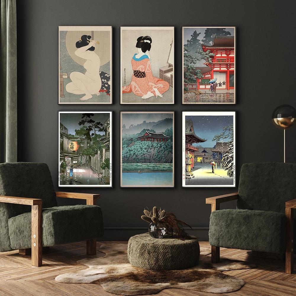 Solid Wood Frame Vintage Oriental Art Prints Painting Pictures Wall Art Geisha Japanese Tsuchiya Koitsu Ukiyoe Nordic Canvas Posters Home Decor