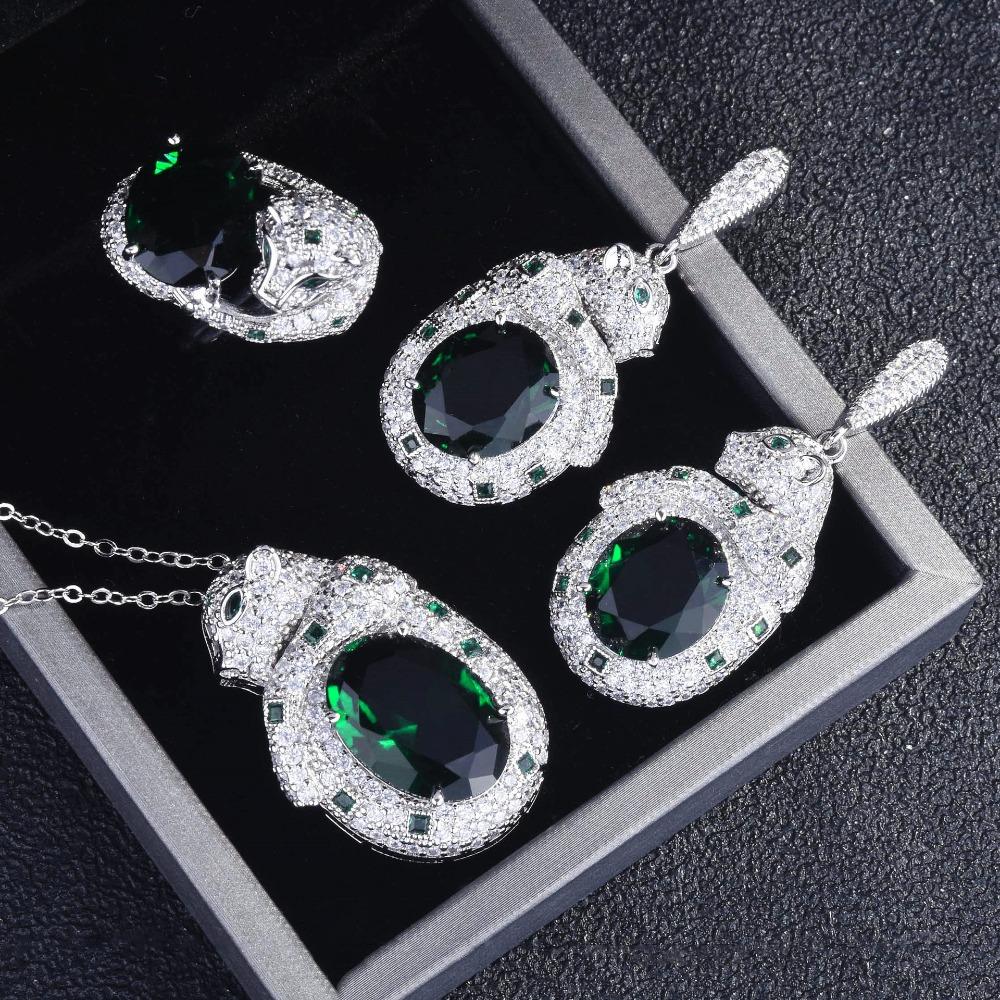 Women Jewelry Set Royal Blue Sapphire Emerald Panther Luxury Full Diamond Panther Head Necklace Open Ring