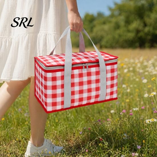 Portable Picnic Basket Insulated Bag, Foldable Thermal Lunch for Outdoor, Heavy Wear-resistant Duty Aluminum Foil Cooler Food, Camping Accessory Plaid