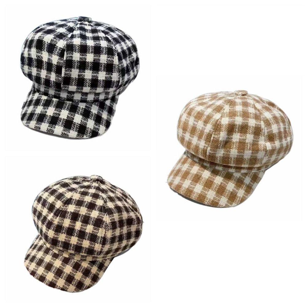 Small Fragrant Style Women Painter Hat Korean Style Women Octagonal Cap Plaid Beret Hat  Outdoor