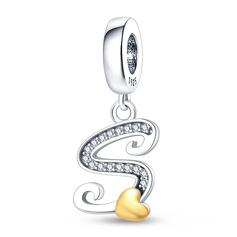 Fit 3mm 925 Bracelets 925 Silver Color 26 Gold Heart Zircon Letter Charms Beads DIY Creative Birthday Jewelry Gifts