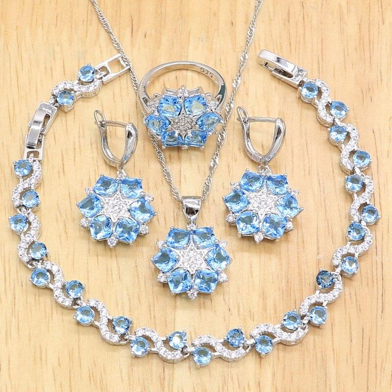Небесно-голубой топаз, серебро 925 пробы, свадебные комплекты ювелирных изделий для женщин, браслет, серьги, ожерелье, кулон, кольцо, свадебный подарок на день рождения