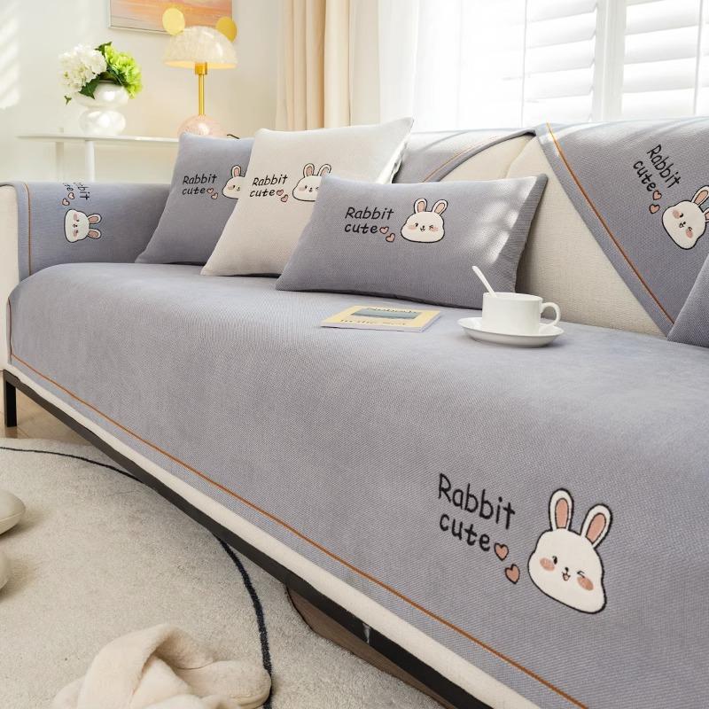 Cartoon Embroidered Sofa Cushion, All-Season Non-Slip Cotton And Linen Cover Towel, Simple Modern Sofa Cover, Seat Cushion