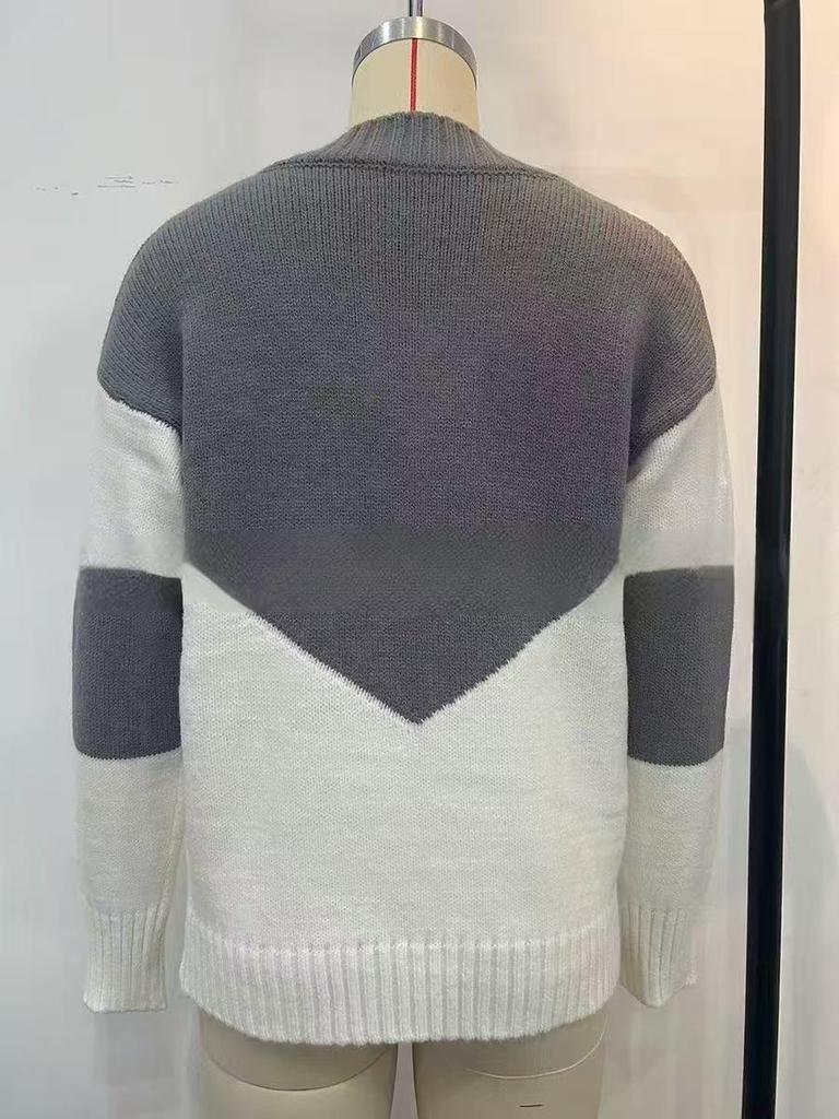 Autumn & Winter Women's Color Block V-Neck Knit Pullover