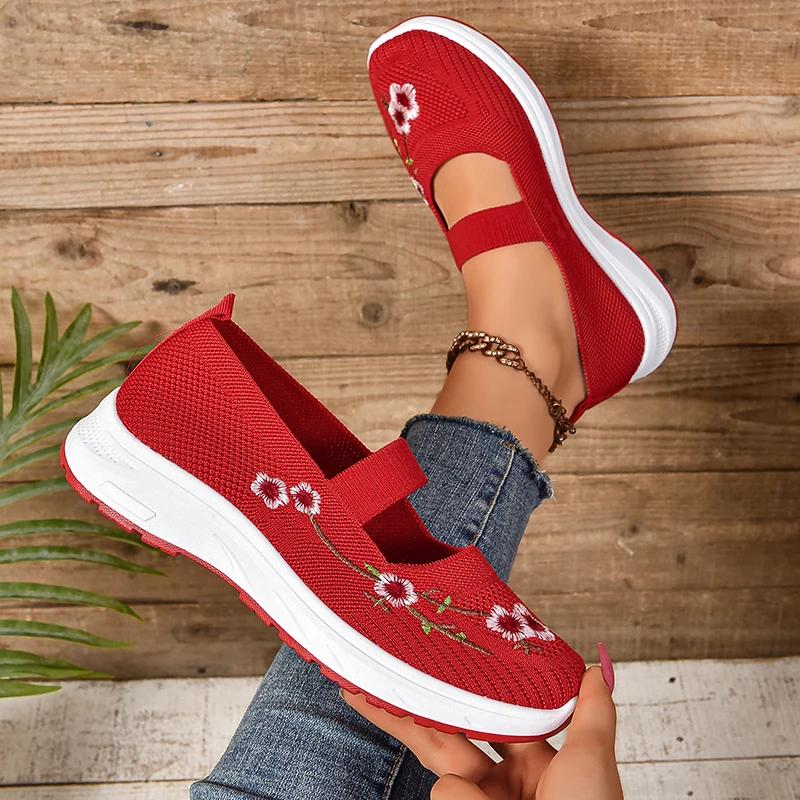 2024 Новые трикотажные вышитые цветочные мокасины на плоской платформе женские дышащие сетчатые кроссовки без застежек осенние туфли в стиле пэчворк на плоской подошве