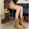 2025 New Retro Wasteland Fringed Knight Boots Thick Heel But Knee Versatile Fashion Mid Boots
