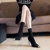 Черные остроносые ботильоны на тонком высоком каблуке для женщин, осень-зима, новые эластичные замшевые короткие носки, туфли-лодочки без застежек