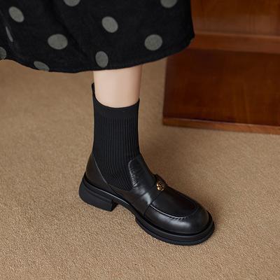 Вязаные женские осенне-зимние удобные толстые полусапожки на среднем каблуке с круглым носком