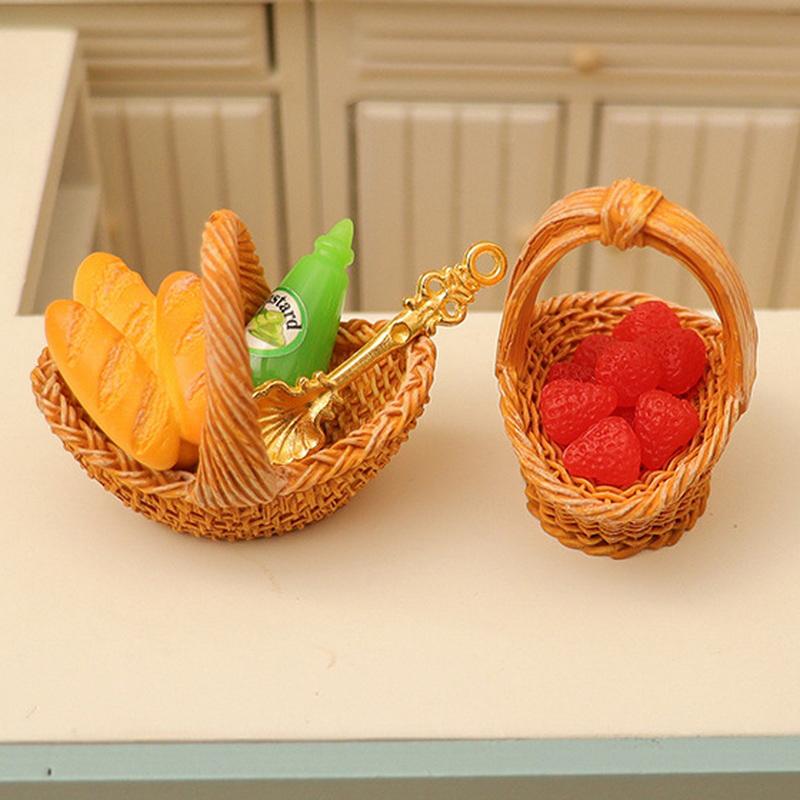 Miniature Dollhouse Fruit And Bread Basket Model Accessories Pretend Kitchen Food For Doll Toy Scene Photography Props