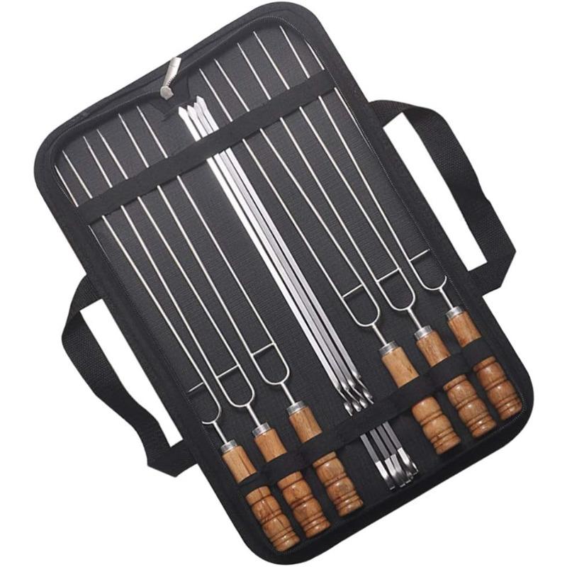 10 PCS/Set Stainless Steel Wire BBQ Skewers Wood Handle Grill Roasting Sticks Outdoor Camping BBQ Tools Storage Bag Kit