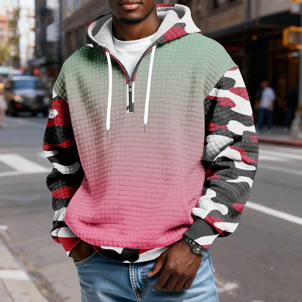 Мужской худи-пуловер в клетку с капюшоном на молнии до середины, со шнурком и принтом, повседневная спортивная толстовка