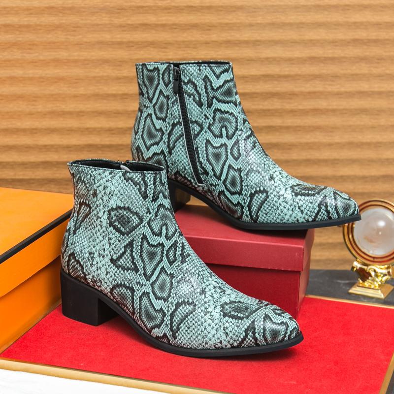 Весенние ботинки-казаки до щиколотки из змеиной кожи с принтом для мужчин, для шоу, вечеринок, мотоциклетные, короткие, увеличивающие рост, платья, социальные сапатос