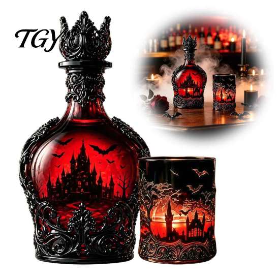 Glass Liquor Holder 1200ML Halloween Bat Castle Whiskey Bottle, 320ML Vintage Gothic Wine Bottle Cup, Decorative Decanter Flask for Home Kitchen