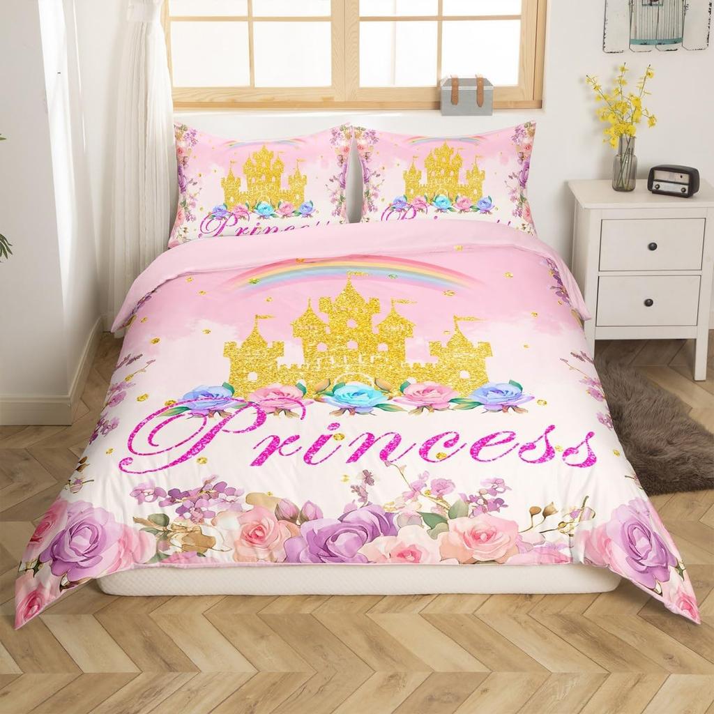 Fairy Tale Castle Bedding Set Twin QueenGirly Golden Castle Silhouette Duvet CoverBlooming Flowers Botanical Comforter Cover