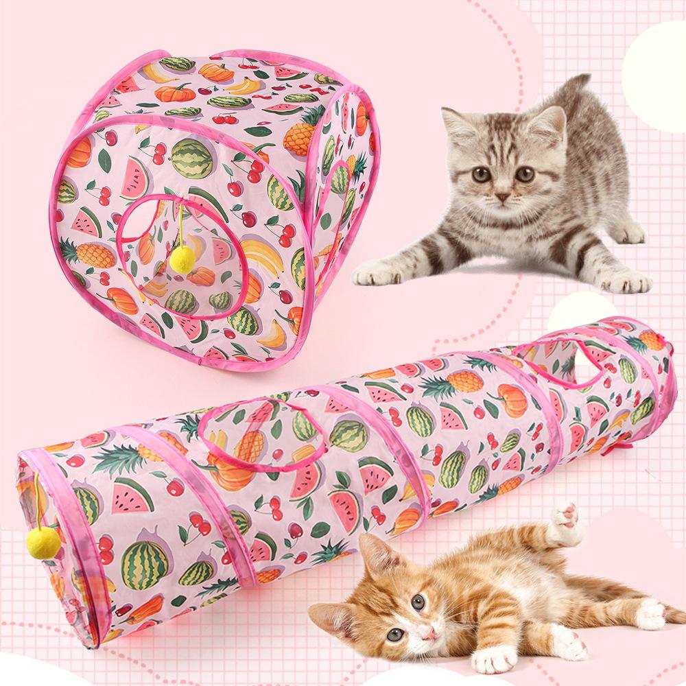 Foldable Long/Square Cat Tunnel Toy Summer Fruit Print Interactive Cat Tunnel with Rolling Ball Fun Pet Playground Cubes
