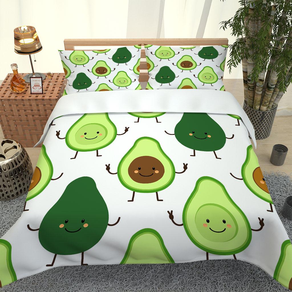 3D Avocado Print Bedding Set Single Double Bed Duvet Cover 2 Pillow Covers Kids Green Fruit Design