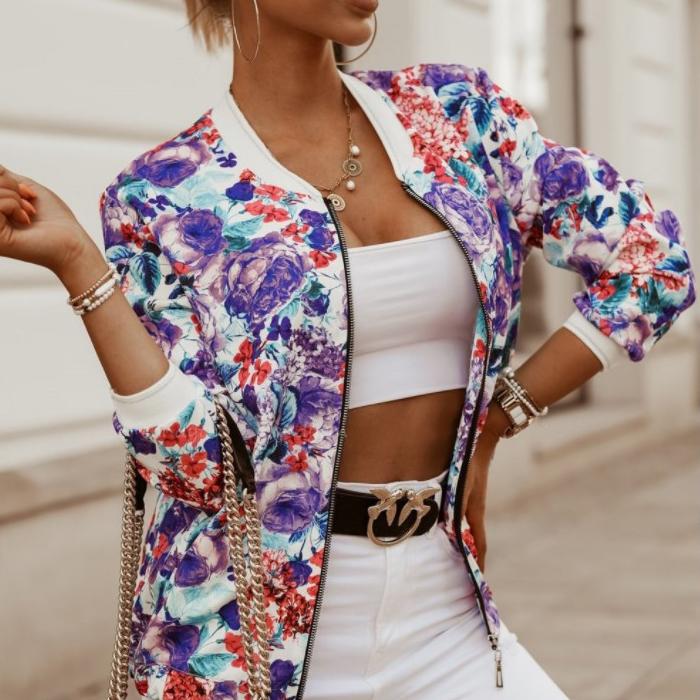 Модная женская куртка с круглым вырезом и молнией с длинными рукавами и принтом, большие размеры