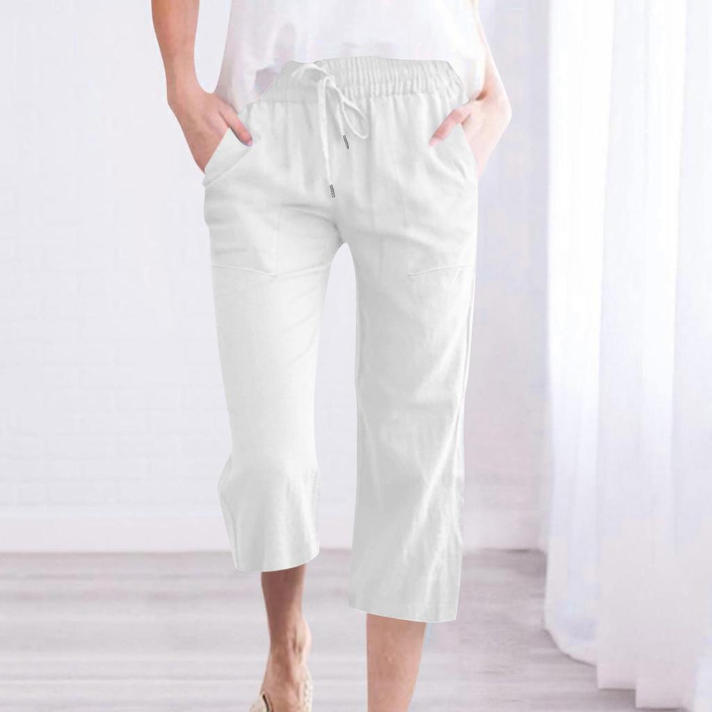 Fashion Women Fashion Casual Solid Color Drawstring Pocket Calf-Length Pants