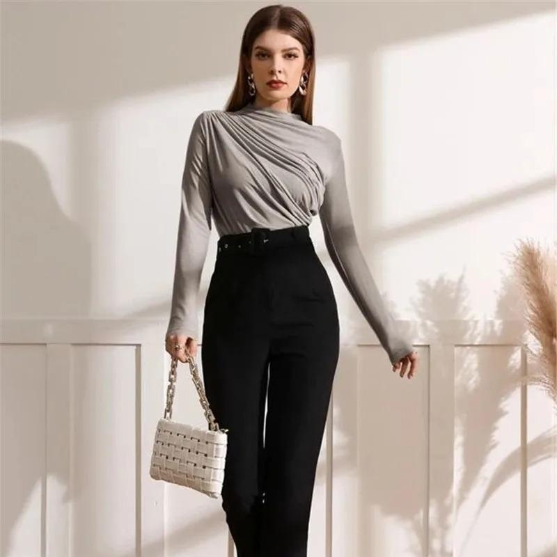 Autumn Women Long Sleeve Elastic Pure Color Going Out Tops Ruched Fashion Elegant Softy Slim Crop Top
