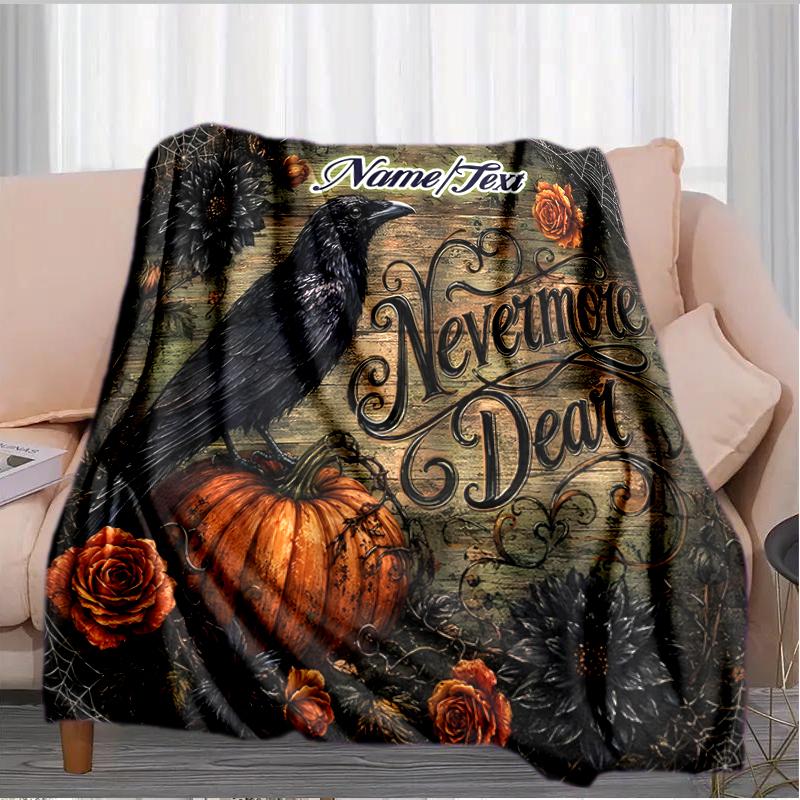 1PC Custom Name Halloween Raven Pumpkin outdooor Flannel blankets Throw Blanket All-Season Throw Gift Bedspread for Couch, Bed, Camping Holiday Birthd