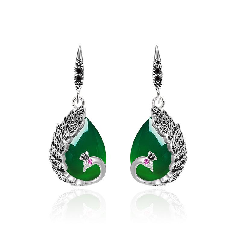 Sace Gems Серьги с зеленым агатом в национальном стиле, женские серьги с красным корундом, павлином, зеленым халцедоном, серьги в дворцовом стиле, ретро-украшения