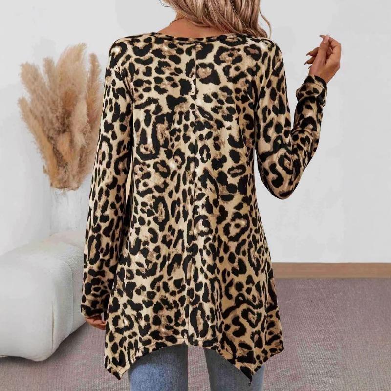 Long Sleeve Loose Fit Round Neck Leopard Print Asymmetrical Hem T Shirt