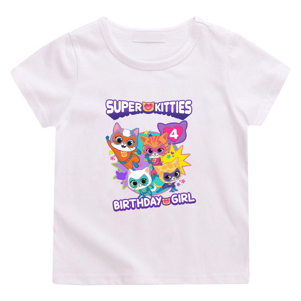Футболка SuperKitties Девочка на День Рождения Игра Супер Кот Костюм Детские Футболки Одежда для Малышек Сладкие Девочки Короткий Рукав Подарок на День Рождения Топ