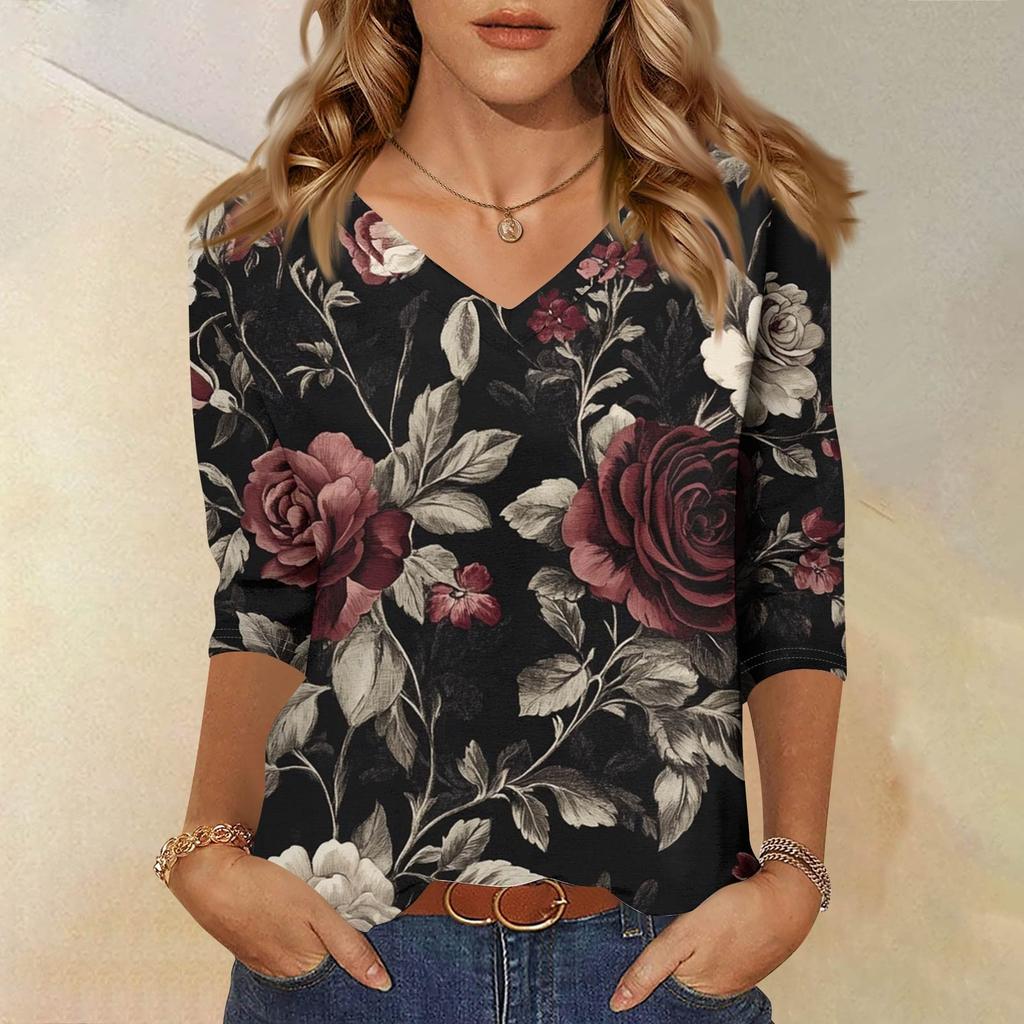 Женские топы, рубашка с рукавом три четверти, свободная повседневная рубашка с V-образным вырезом, футболка с цветочным принтом
