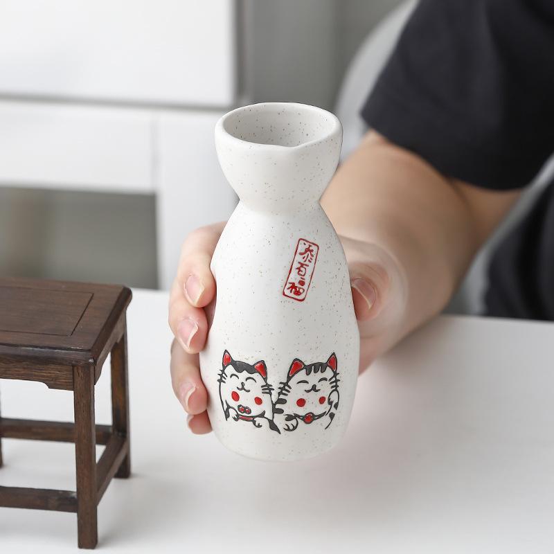 Керамический японский набор для сакэ Lucky Cat, винный горшок с 4 винными чашками, фарфоровая бутылка Tokkuri, чашка для соджу, пригодная для использования в микроволновой печи