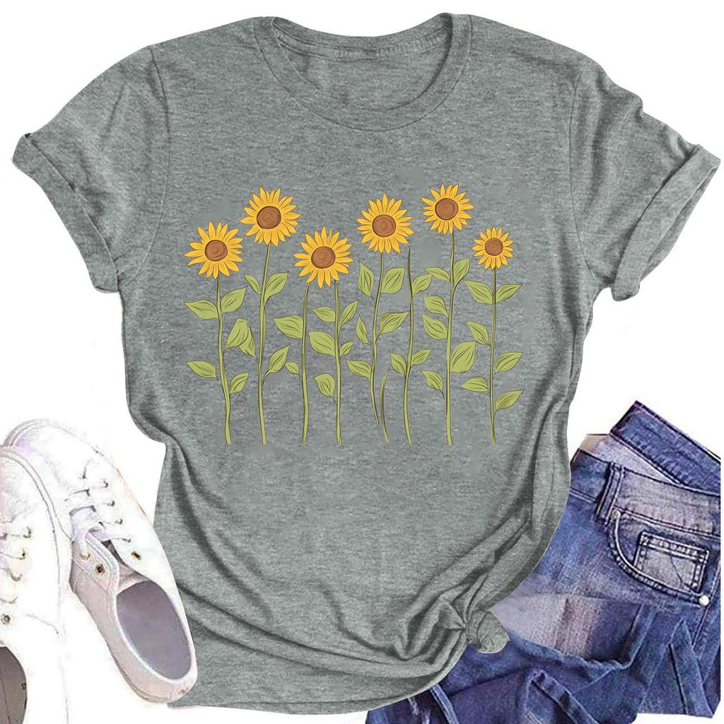 Женская повседневная футболка с круглым вырезом и цветочным принтом, короткий рукав