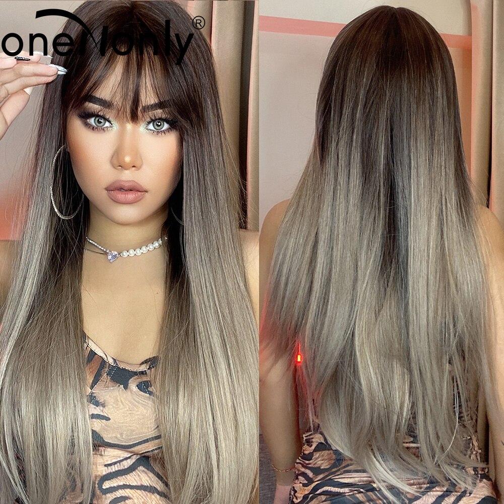 Long Straight Synthetic Wigs Brown Wig with Bangs for Women Natural Daily Cosplay Christmas Hair Heat Resista