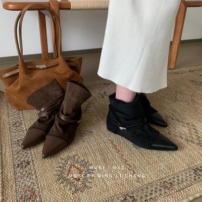 Осень выглядит высоко! Ретро замшевые вставки с острым носком, короткие ботильоны на скрытой платформе, женские осенние и корейская версия, повседневные ботильоны